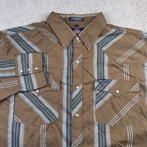 Vintage‎ Dickies Shirt Mens XL Brown Grey Stripes Western Pearl Snap Cowboy Work